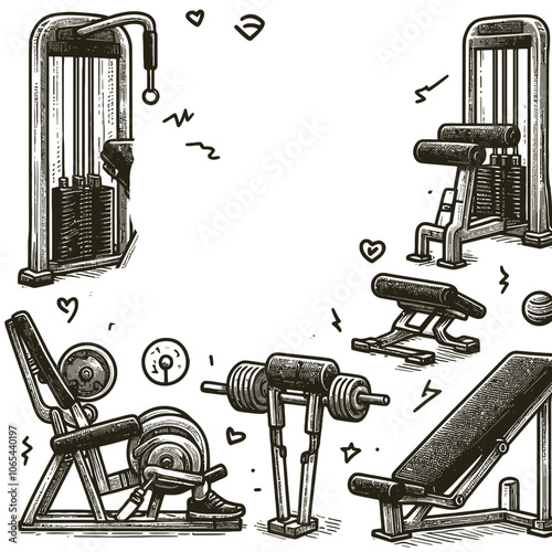Leg press machine doodle set vector