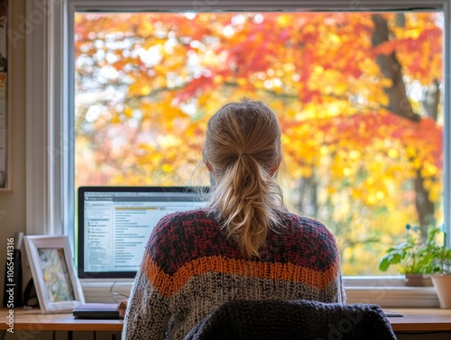 Person in a sweater, focused on work at a desk, with fall leaves visible outside