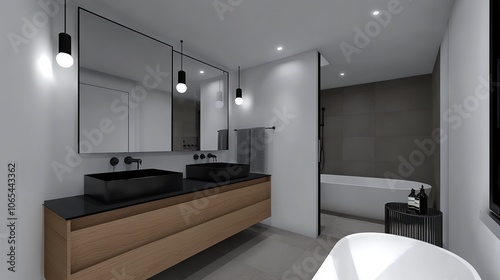 Modern Ensuite bathroom with sleek timber vanity black fixtures pillshaped mirrors and minimalist design create a sophisticated spalike retreat 