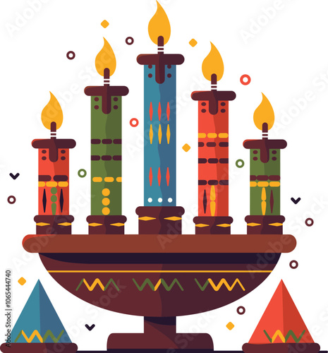 Colorful candles lit in a decorative menorah during a Hanukkah celebration cartoon isolated on transparent background. Vector illustration.