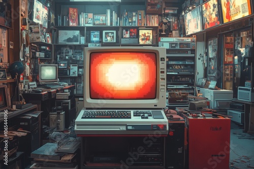 Internet-themed retro scene, CRT monitor with pixelated graphics, neon colors, analog and digital noise. Generative AI photo