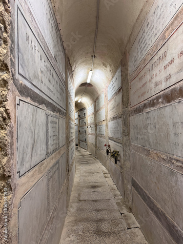 Oropa, Italy - October 3, 2024: architectural feature of Oropa Sanctuary cemetery.