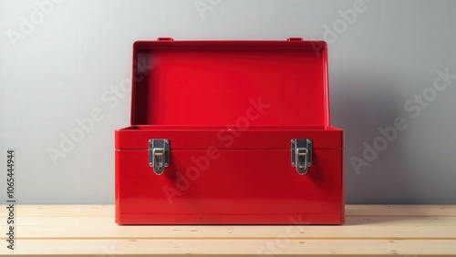 Open red toolbox, showing detailed latches and an empty compartment, ideal for storage visuals