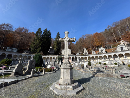 Oropa, Italy - October 3, 2024: architectural feature of Oropa Sanctuary cemetery.