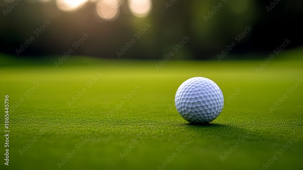 Obraz premium Serene Golf Ball Resting on Lush Green Fairway with Soft Sunlight and Shadows