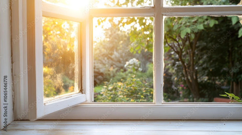Obraz premium Vintage Wooden Window Sill with Soft Sunlight Streaming Through Lush Garden Scenery