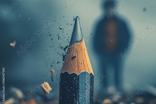 A pencil is broken in the center, with wooden shavings strewn around it. The blurred figure of a person stands behind, adding depth to the messy workspace around the pencil. photo