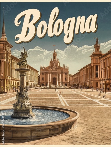 This classic travel poster highlights Bolognas rich history, featuring a beautiful fountain in a bustling square surrounded by majestic buildings, inviting visitors to explore its vibrant culture. photo