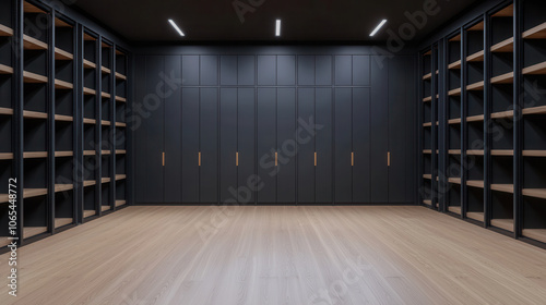 Modern storage facility with automated shelving and sleek design, featuring dark cabinetry and wooden accents. spacious interior offers minimalist aesthetic, perfect for organization