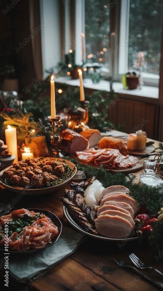 Naklejka premium Swedish Julebord spread, featuring meatballs, gravlax, ham, and pickled herring, served on a wooden table with candles, festive holiday mood, cozy lighting