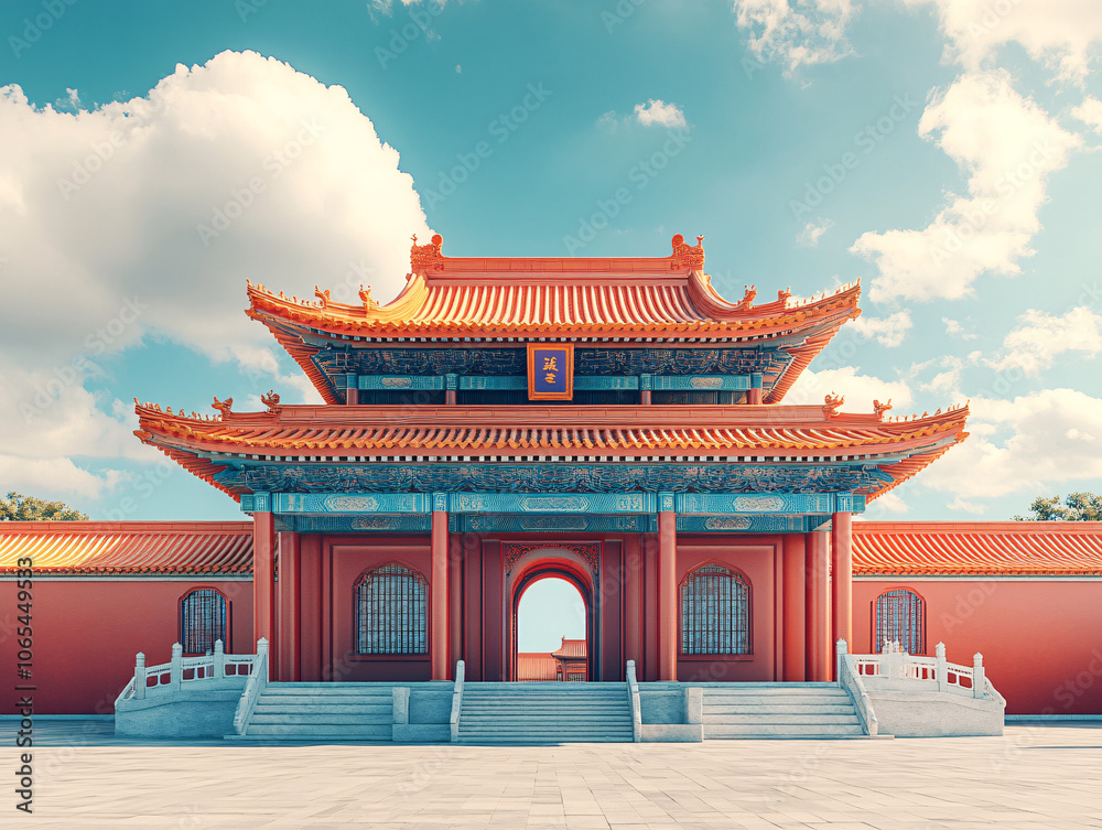 Obraz premium a traditional Chinese temple with a mountainous landscape.