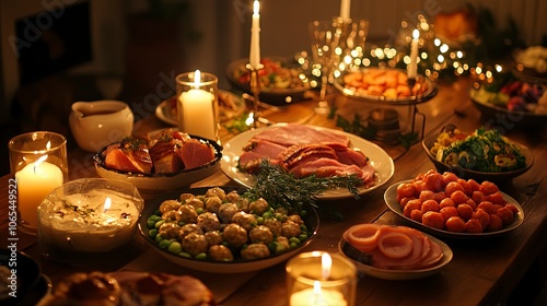 Swedish Julebord spread, featuring meatballs, gravlax, ham, and pickled herring, served on a wooden table with candles, festive holiday mood, cozy lighting