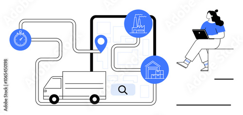 Woman using a laptop tracks a truck s delivery route on a map with location pin, factory, and house icons. Ideal for logistics, supply chain, delivery services, navigation, inventory management