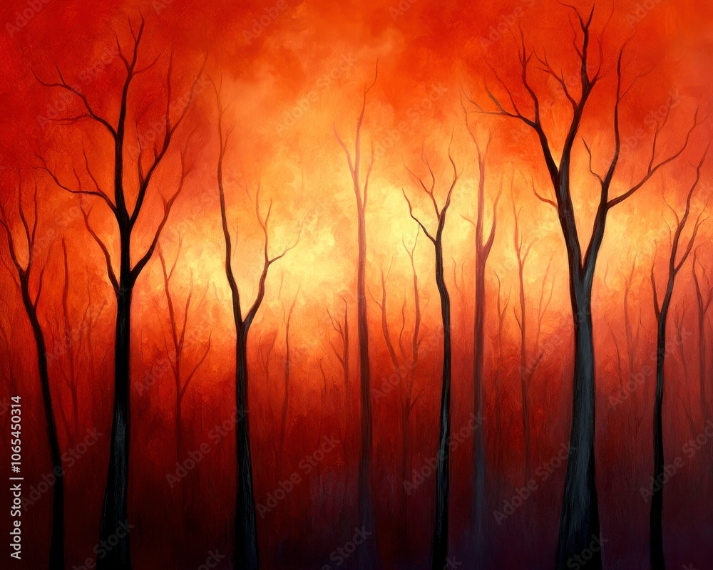 Obraz premium A dramatic scene of bare trees silhouetted against a fiery orange sky, evoking a sense of desolation and beauty in a forest landscape.