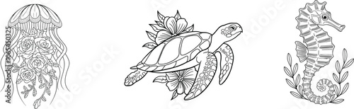 Set of floral turtle, jellyfish and sea horse, vector illustration.