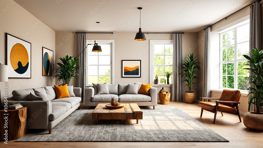 Fototapeta premium Modern living room with minimalist decor and wooden accents