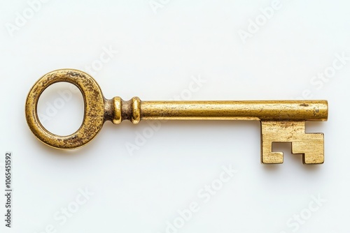 A gleaming golden key lies next to a tiny lock, both showcasing intricate details. The key appears ornate, suggesting an air of mystery and potential access. photo