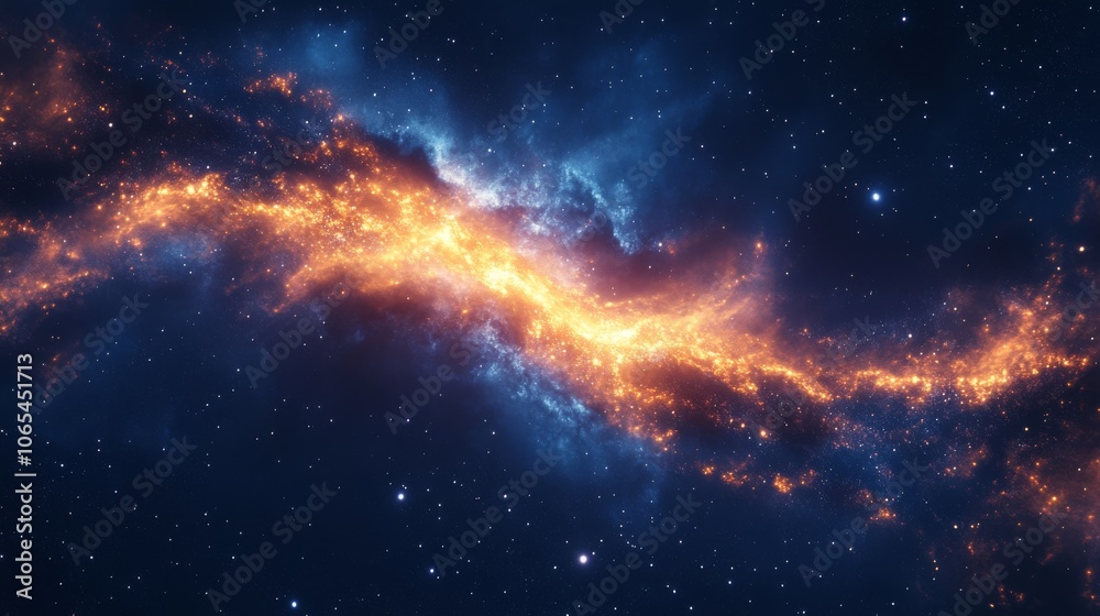 Fototapeta premium A Cosmic Stream of Orange and Blue Nebulae with Scattered Stars