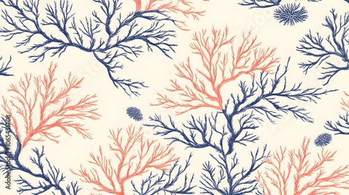 Seaweed Pattern with Coral Branches in Blue and Orange