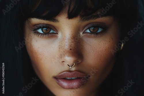 Septum Piercing: An artistic shot of a woman with a gold septum ring. Her face is framed symmetrically, with a focus on the piercing and subtle makeup. The background is dark for a dramatic effect.