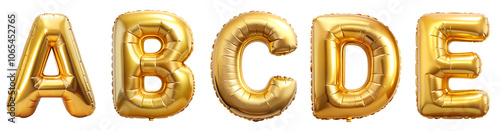 Set of letters A-E, alphabet made of golden balloons isolated on transparent background with outline. Concept for design.