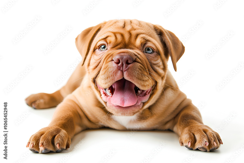 In a wide-angle composition, a jubilant French Bulldog beams with happiness, its infectious smile and tongue protruding in playful delight against a clean white background In a wide-angle composition, a jubilant French Bulldog beams with happiness, its infectious smile and tongue protruding in playful delight against a clean white background