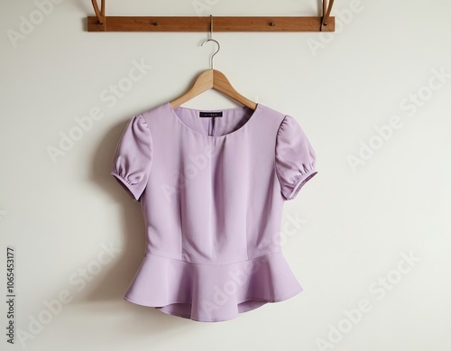 Stylish lavender peplum top hanging on a wooden hanger against a minimalist background. photo