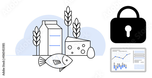 Milk, fish, cheese, wheat, and egg set against simplified background. Black lock symbol and data chart with graphs and metrics. Ideal for food industry, cybersecurity, analytics, agriculture