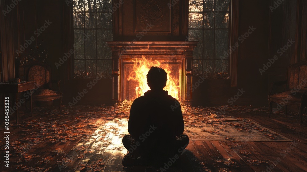 Silhouette of a Person Sitting in Front of a Fireplace in a Dark Room Silhouette of a Person Sitting in Front of a Fireplace in a Dark Room