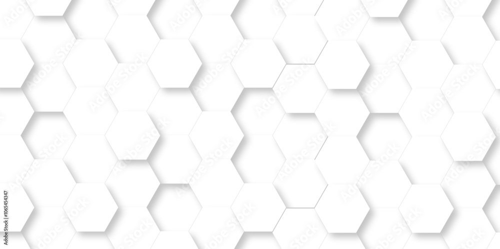 Fototapeta premium Abstract pattern with hexagonal white and gray technology line paper background. Hexagonal 3d vector grid tile and mosaic structure mess cell. white and gray hexagon honeycomb geometric copy space.