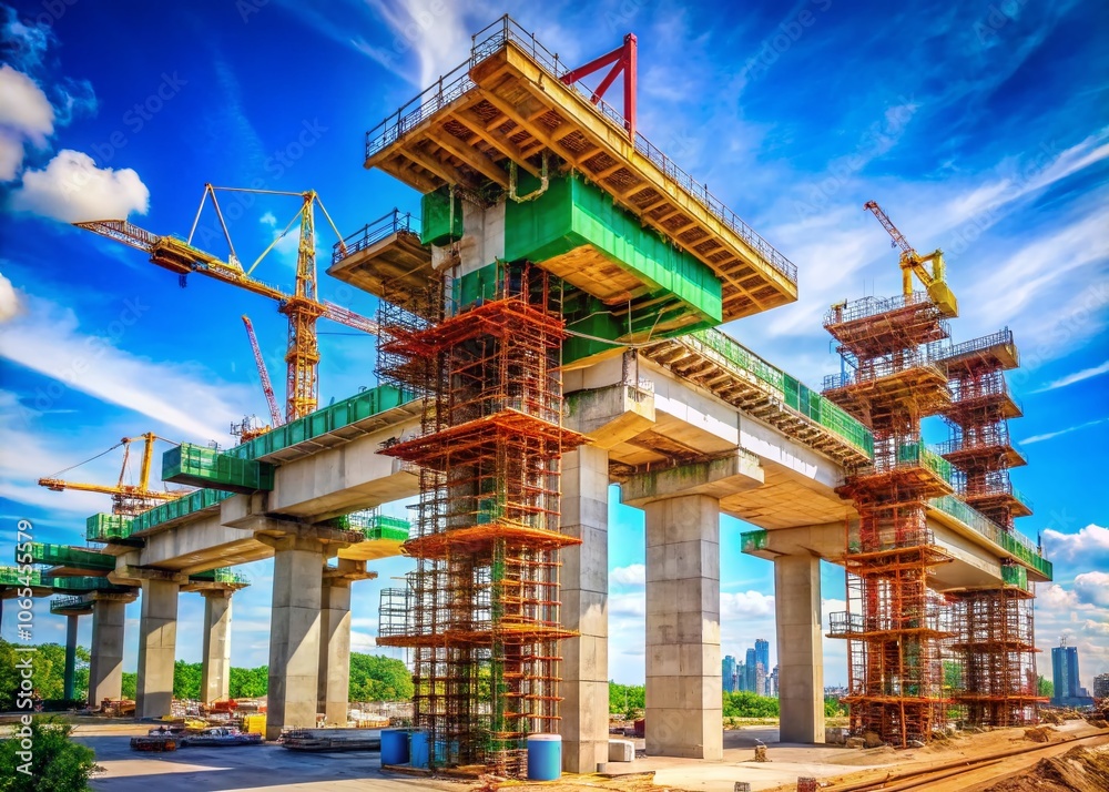 Obraz premium Elevated Expressway Under Construction: Foundation Structure Against Blue Sky in a Vertical Frame - Urban Infrastructure, Engineering, and Architectural Marvels