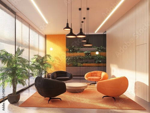 Team meeting in a modern office with autumn decorations, warm lighting 