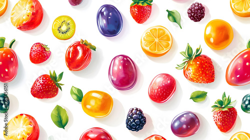 Colorful fruit-flavored gummy candies on a white background photo