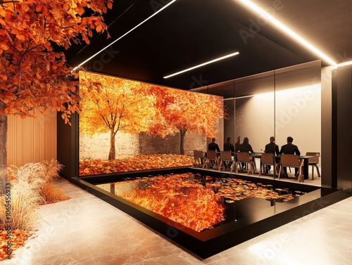 Team meeting in a modern office with autumn decorations, warm lighting 