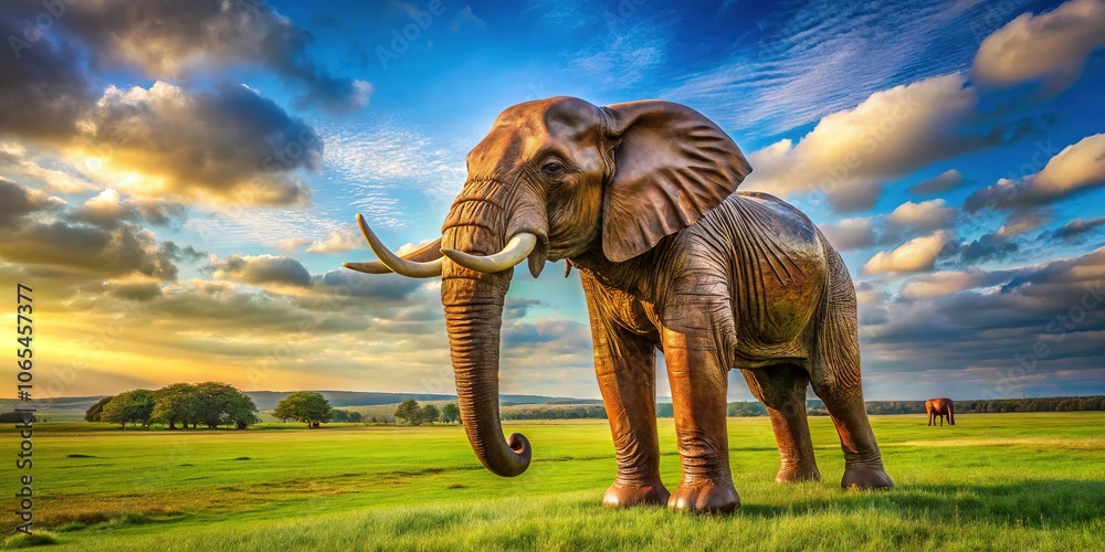 Fototapeta premium Majestic Elephant Statue in Field - AI Photography