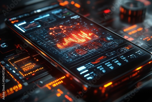 A top-down view focuses on a smartphone displaying a detailed analytics dashboard. Bright orange graphics illuminate various data visualizations against a contrasting background.