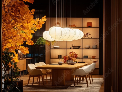 Team meeting in a modern office with autumn decorations, warm lighting 