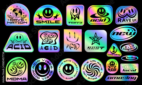 Cool Acid Rave Holographic Stickers Vector Design Pack. Y2k Pop Art Trippy Patches.