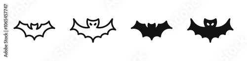 Black silhouette bat icons set. Halloween symbol for holiday horror night. Flying vampire bat. Scary and creepy. Vector illustration.