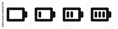 Battery icons set. Charge level, charging indicator, energy, alkaline battery capacity. Vector illustration.