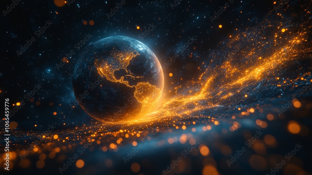 Fototapeta premium An abstract atom model with orange and blue particles set against a dark background.