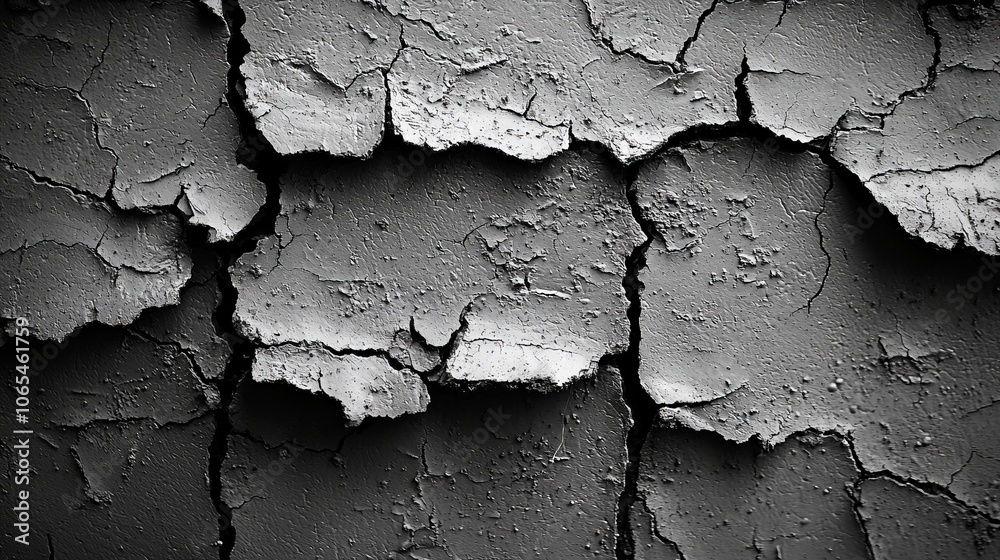 Cracked gray surface with peeling paint, showcasing texture and decay.