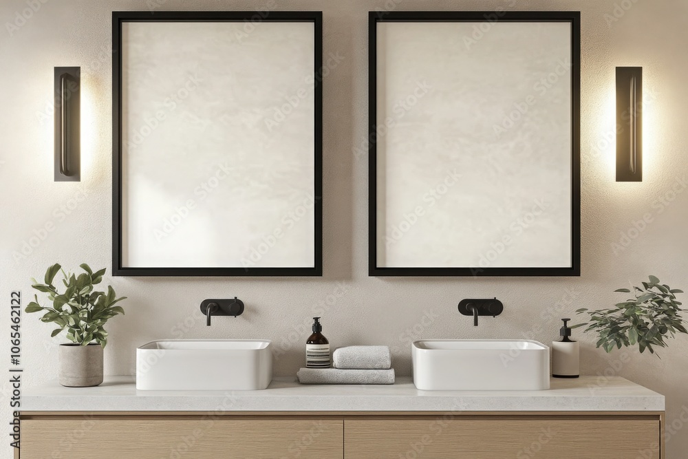 Fototapeta premium The setting showcases a modern bathroom with two sleek, white sinks beneath empty black-framed mirrors.