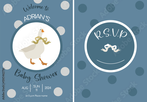 Cute flat goose wih bow on kids invitation card for birthday party. Funny character flat illustration. Vector baby invite design.