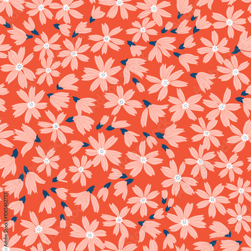 Vintage seamless floral pattern. Ditsy style background of small pink flowers. Small blooming flowers scattered over a orange red background. Stock vector for printing on surfaces and web design.