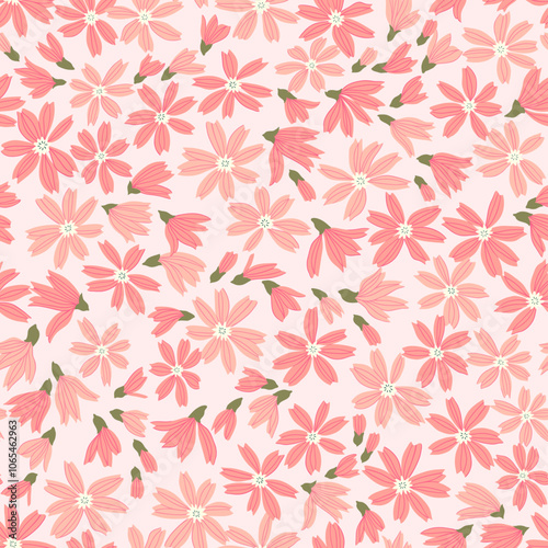 Beautiful floral pattern in small chamomile flowers. Small light pink flowers. White background. Ditsy print. Floral seamless background. Vintage template for fashion prints. Stock pattern.