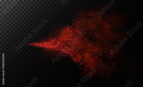 Fantastic red smoke background. Explosion of red spice powder, spice splash, Magic smoke with glitter and fine particles, mist with glowing particles, red vapour. Vector illustration. 