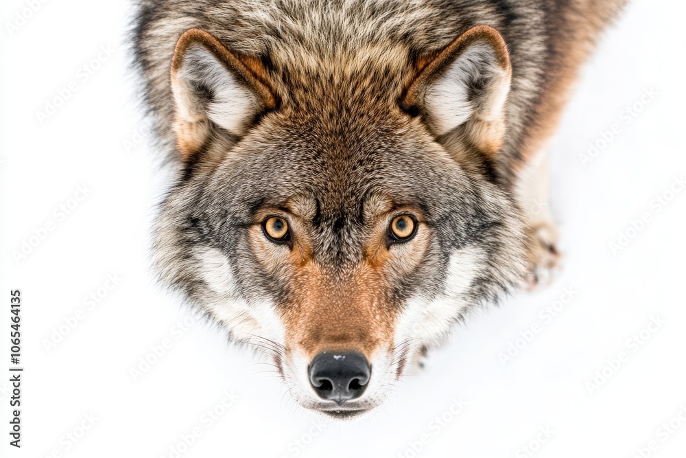 Fototapeta premium A solitary wolf stands in the snow, its gaze focused and intense. The wolfs fur blends with the winter scenery, showcasing its wild beauty and keen awareness in this tranquil environment.