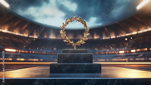 Olympic Podium with Laurel Wreath in a Grand Stadium. AI generated illustration