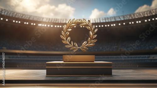 Olympic Podium with Laurel Wreath in a Grand Stadium. AI generated illustration